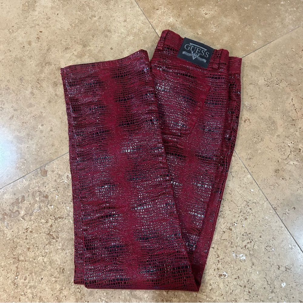 Vtg GUESS Faux Leather Red Snakeskin Print Straight Leg Women’s Pants Sz 30